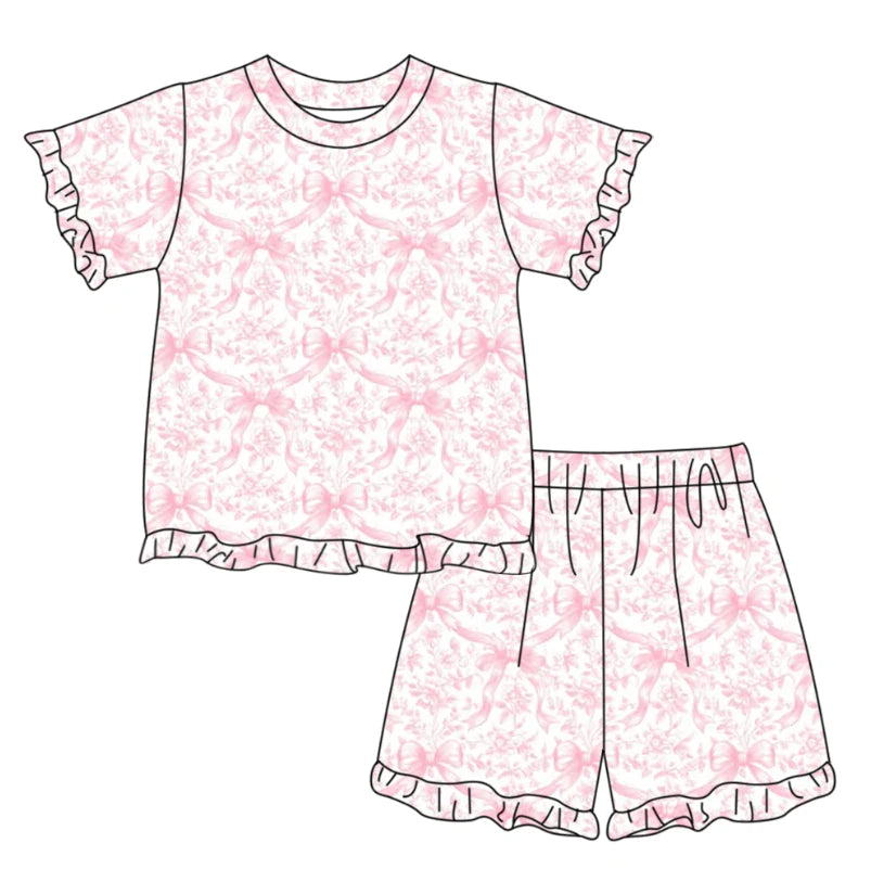 ( Moq 5 ) Preorder Baby Girls Kids Short Sleeves Pink Bows Floral Shirt Shorts Summer Clothes Set
