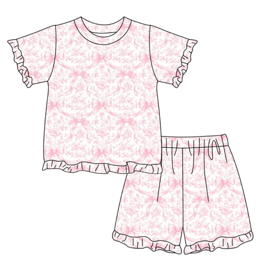 ( Moq 5 ) Preorder Baby Girls Kids Short Sleeves Pink Bows Floral Shirt Shorts Summer Clothes Set