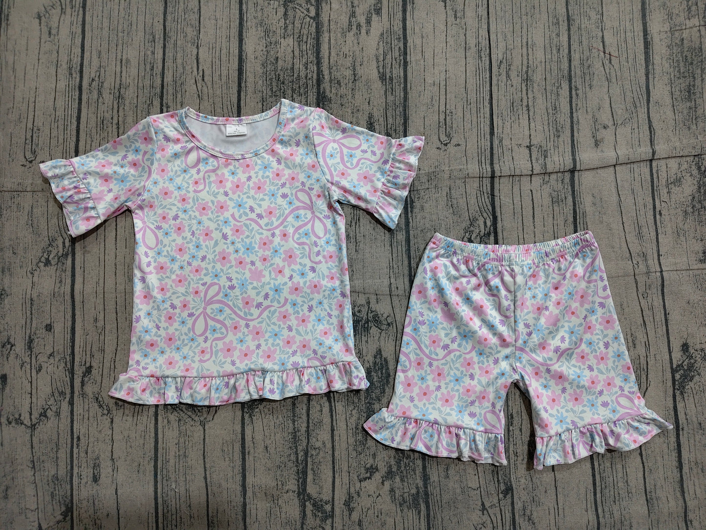 Baby Girls Kids Short Sleeves Bows Flower Shirt Shorts Summer Clothes Set RTS