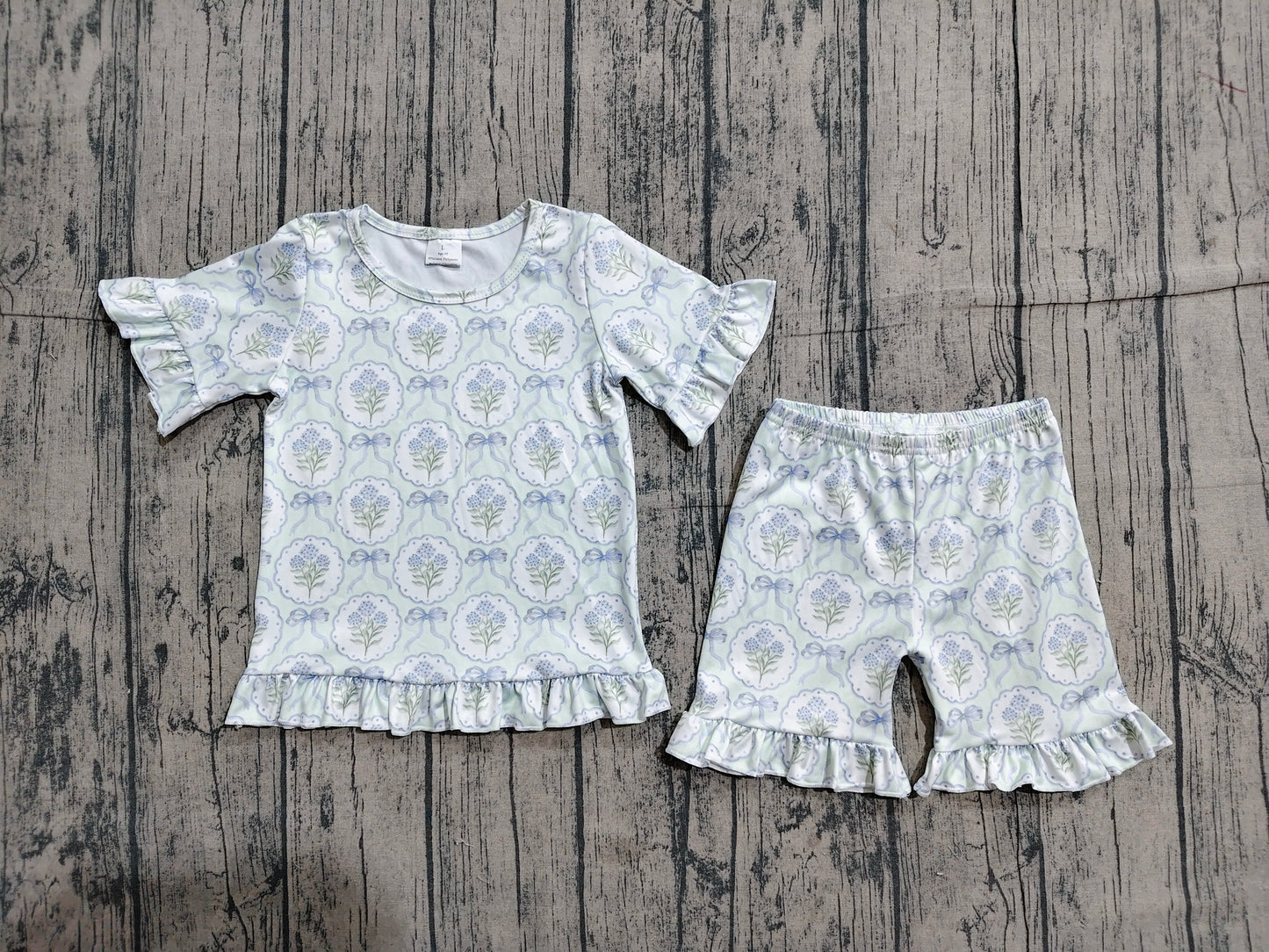 Baby Girls Kids Short Sleeves Blue Bows Flower Shirt Shorts Summer Clothes Set RTS