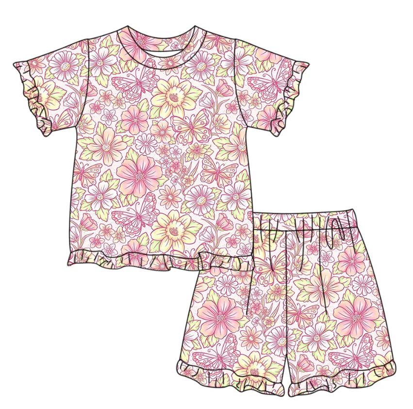 ( Moq 5 ) Preorder Baby Girls Kids Short Sleeves Butterfly Flower Shirt Shorts Summer Clothes Set