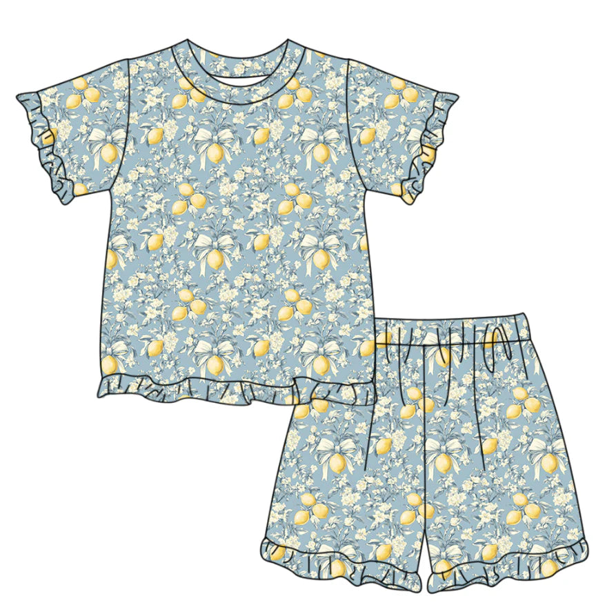 ( Moq 5 ) Preorder Baby Girls Kids Short Sleeves Lemons Bows Shirt Shorts Summer Clothes Set