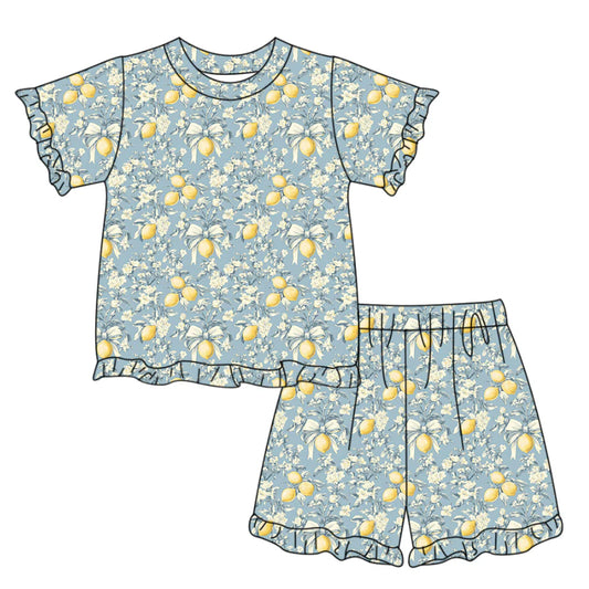 ( Moq 5 ) Preorder Baby Girls Kids Short Sleeves Lemons Bows Shirt Shorts Summer Clothes Set
