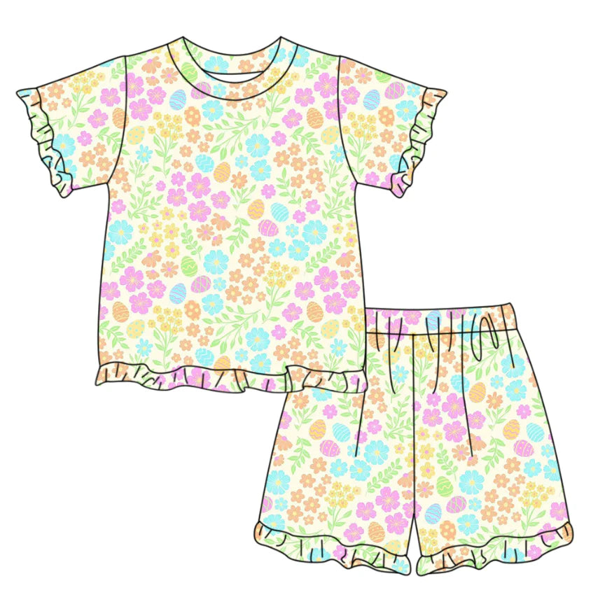 ( Moq 5 ) Preorder Baby Girls Kids Short Sleeves Flower Eggs Shirt Shorts Easter Set