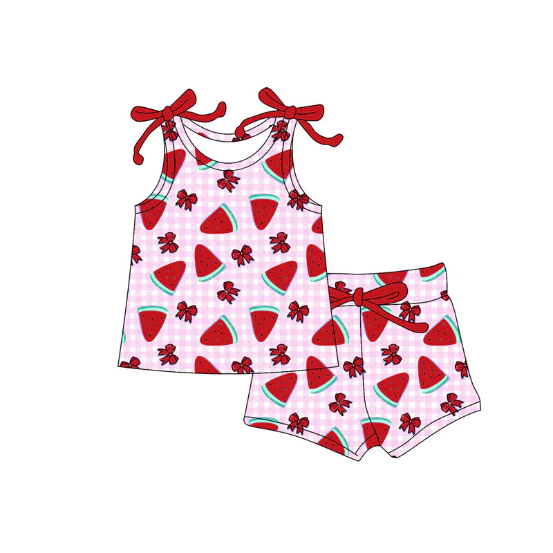 ( Moq 5 ) Preorder Baby Girls Kids Watermelon Red Bows Plaid Tops Shorts Summer Set