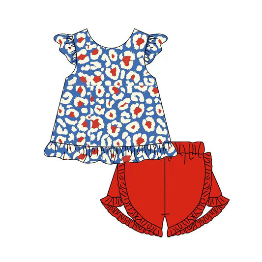 ( Moq 5 ) Preorder Baby Girls Kids Short Sleeves Leopard Blue Tops Red Shorts 4th of July Set
