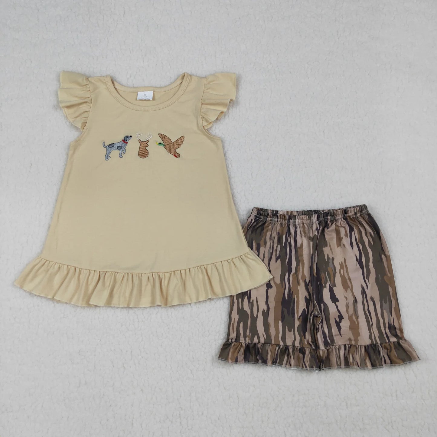 Sibling Baby Boys Girls Kids Embroidery Deer Dogs Duck Tops Camo Pockets Shorts Sets Romper Jumpsuit RTS