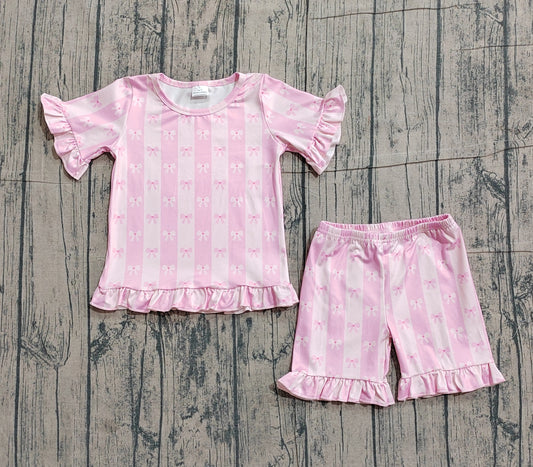 ( No moq ) Preorder Baby Girls Short Sleeves Pink Bows Stripes Shirt Shorts Summer Clothes Set