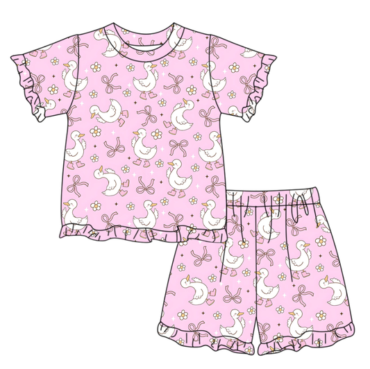 ( Moq 5 ) Preorder Baby Girls Short Sleeves Goose Bows Flower Shirt Shorts Summer Pink Clothes Set
