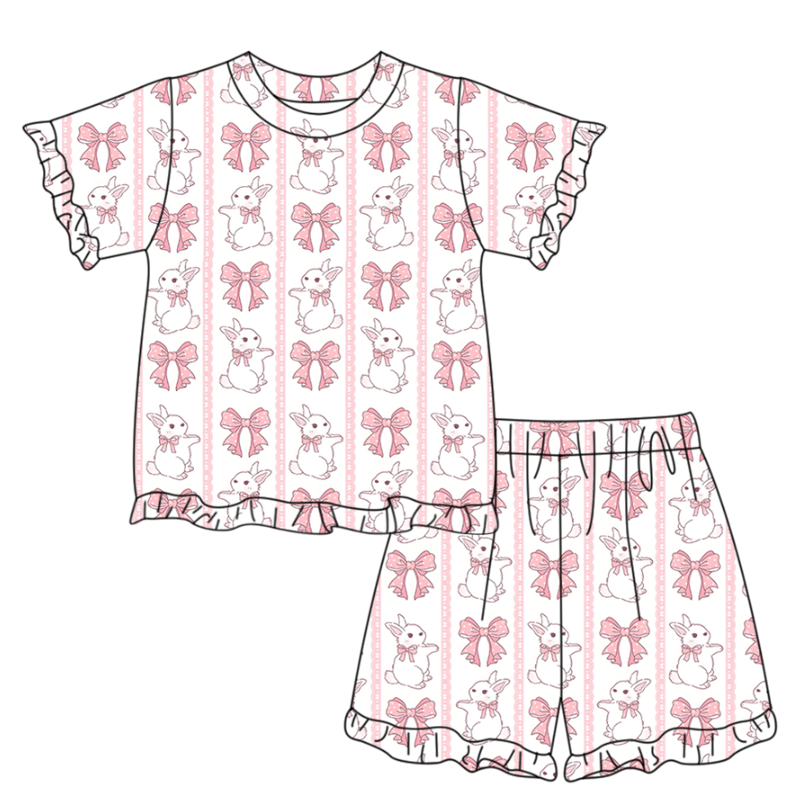 ( Moq 5 ) Preorder Baby Girls Short Sleeves Rabbits Pink Bows Shirt Shorts Easter Clothes Set
