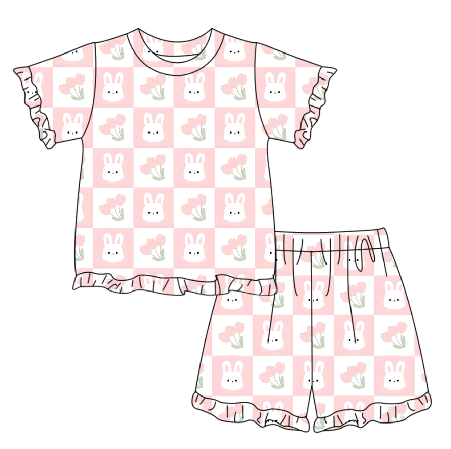 ( Moq 5 ) Preorder Baby Girls Short Sleeves Rabbits Flower Shirt Shorts Easter Plaid Clothes Set