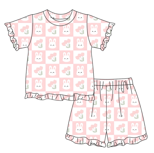 ( Moq 5 ) Preorder Baby Girls Short Sleeves Rabbits Flower Shirt Shorts Easter Plaid Clothes Set