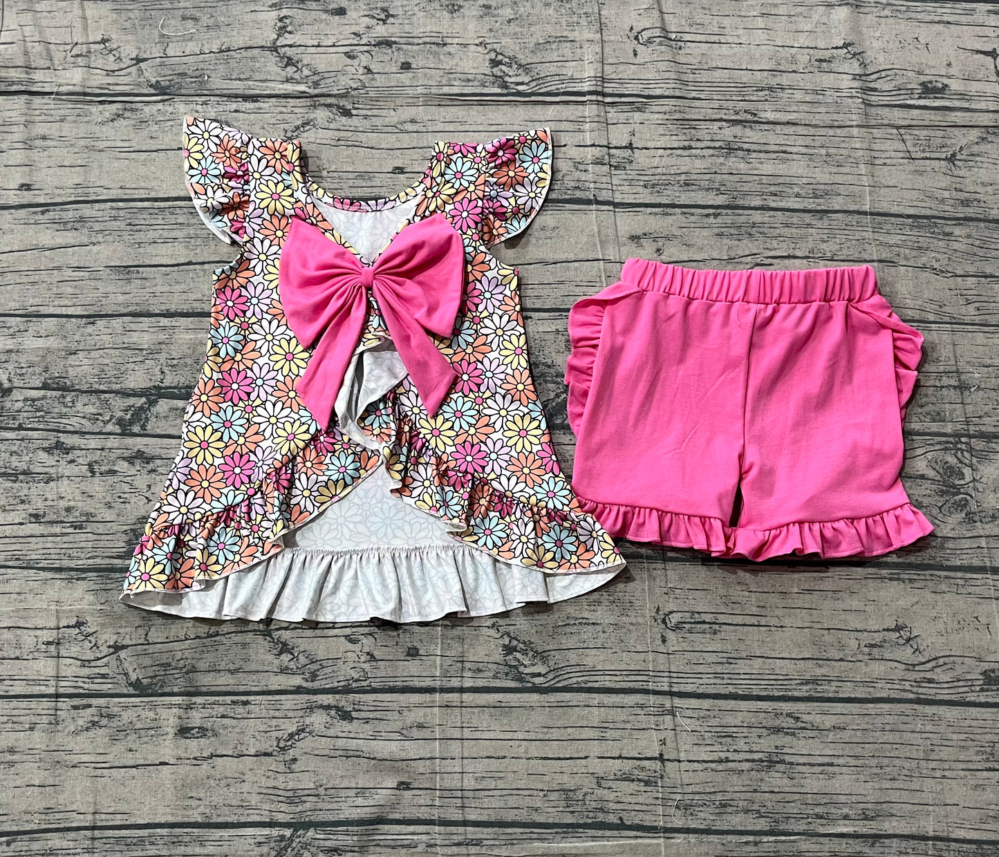 Baby Girls Kids Short Sleeves Flower Tunic Pink Ruffle Shorts Summer Set RTS