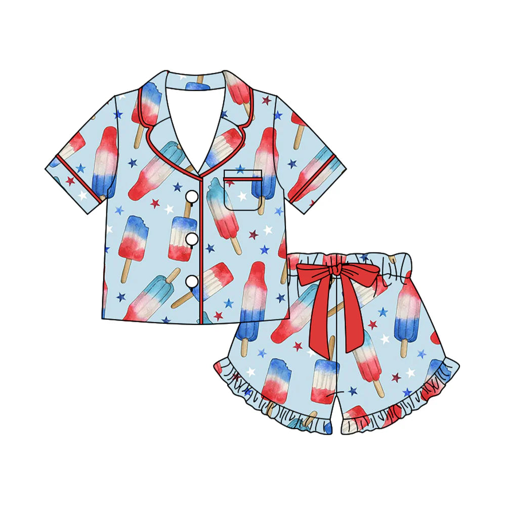 ( Moq 5 ) Preorder Baby Girls Kids Popsicles Stars Buttons Shirt Ruffle Shorts 4th of July Pajamas Set