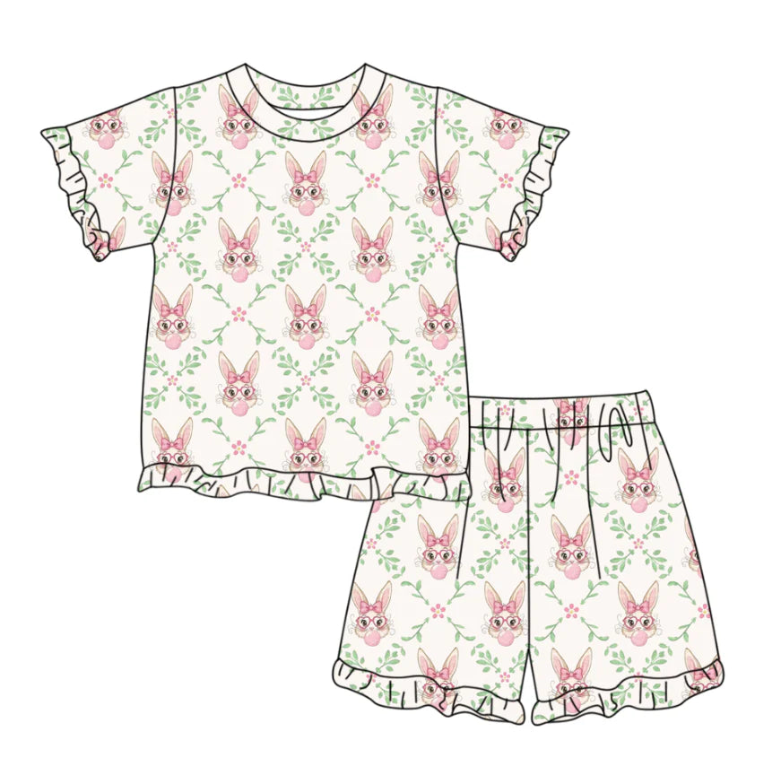( Moq 5 ) Preorder Baby Girls Kids Short Sleeves Rabbits Bows Floral Shirt Shorts Easter Set