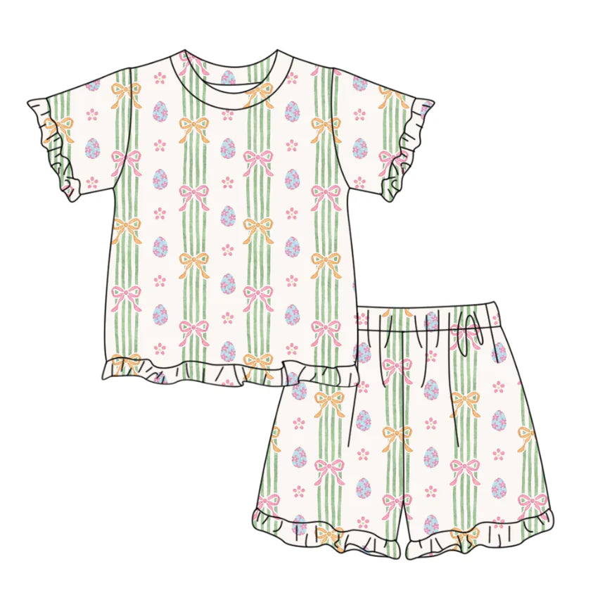 ( Moq 5 ) Preorder Baby Girls Kids Short Sleeves Eggs Bows Floral Shirt Shorts Easter Set
