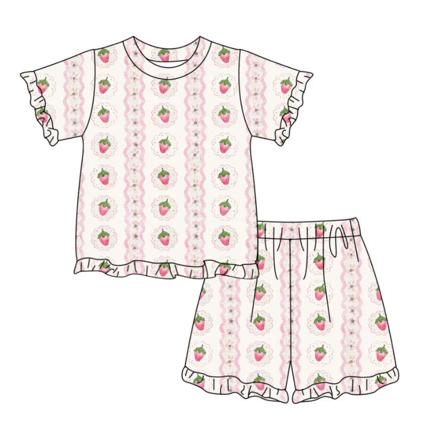 ( Moq 5 ) Preorder Baby Girls Kids Short Sleeves Strawberry Floral Shirt Shorts Summer Set