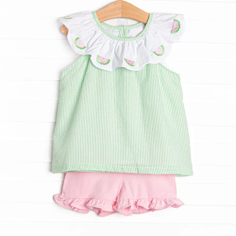 ( Moq 5 ) Preorder Baby Girls Kids Summer Watermelon Stripes Tunic Ruffle Shorts Clothes Set