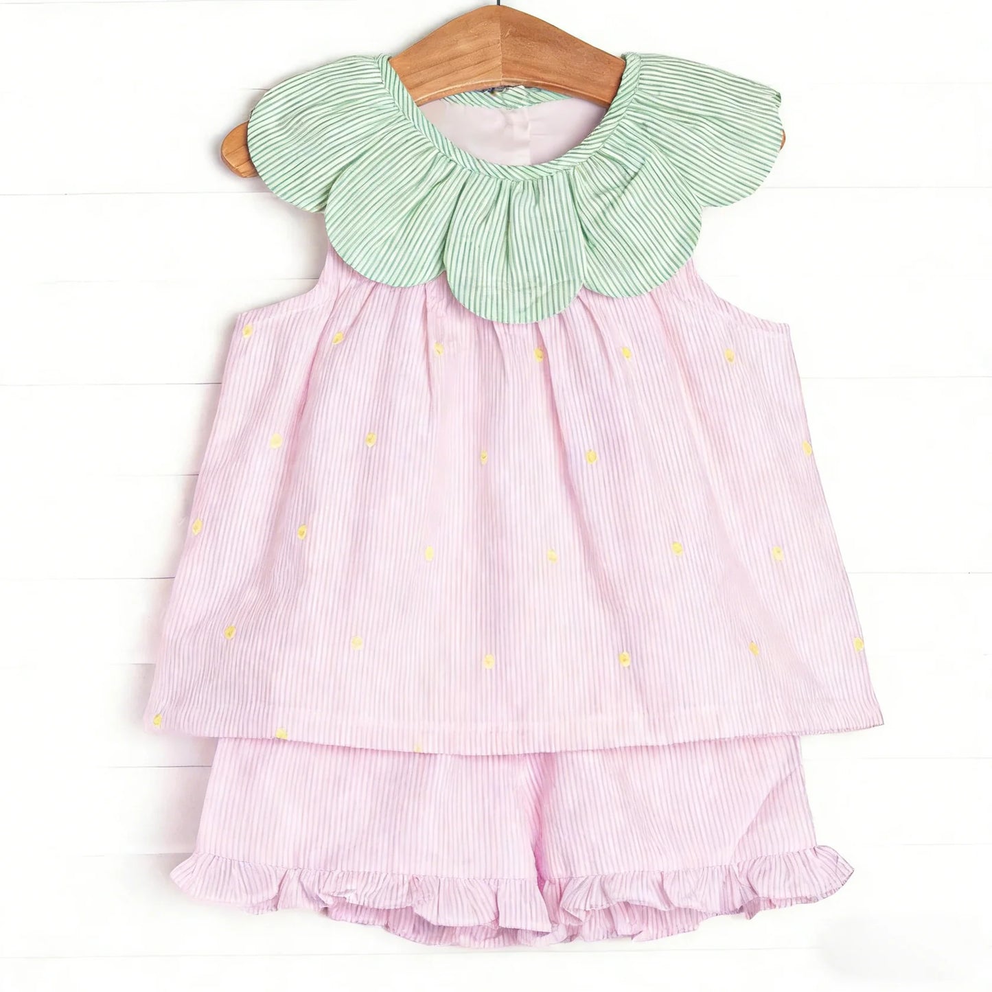 ( Moq 5 ) Preorder Baby Girls Kids Summer Green Pink Stripes Tunic Ruffle Shorts Clothes Set