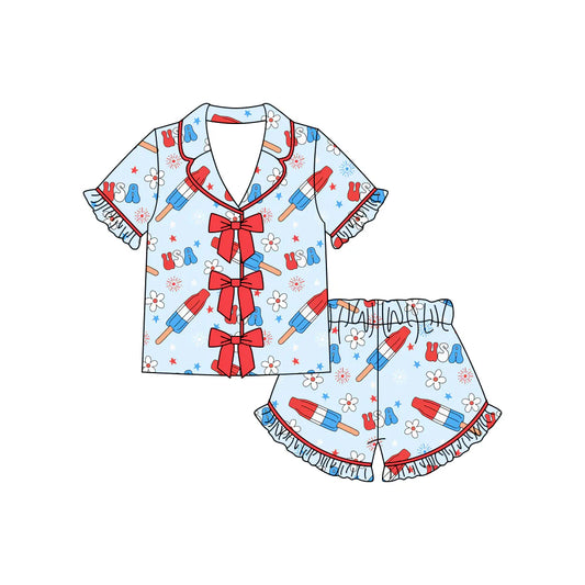 ( Moq 5 ) Preorder Baby Girls Kids Flower Popsicles Buttons Shirt Ruffle Shorts 4th of July Pajamas Set