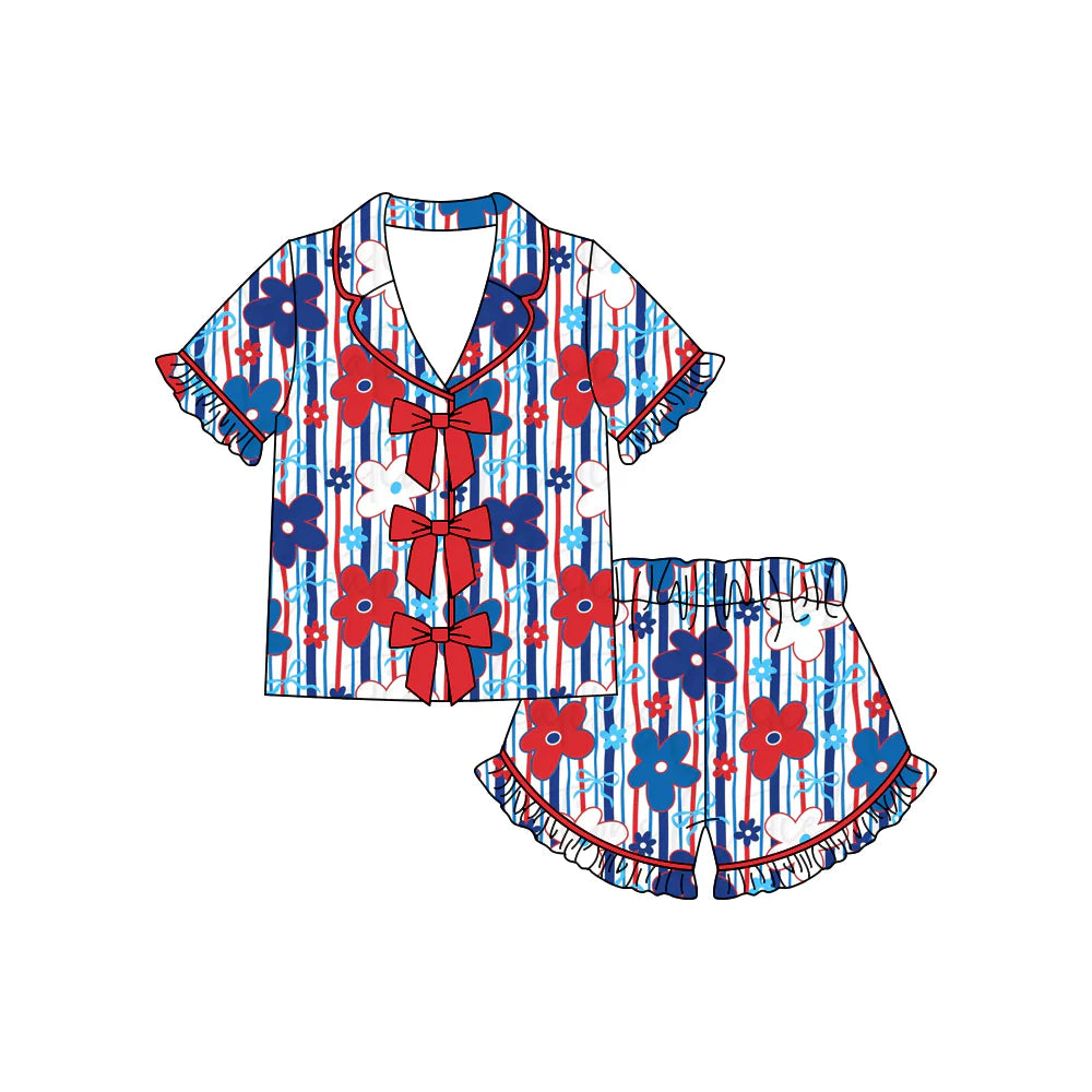 ( Moq 5 ) Preorder Baby Girls Kids Flower Bows Stripes Buttons Shirt Ruffle Shorts 4th of July Pajamas Set