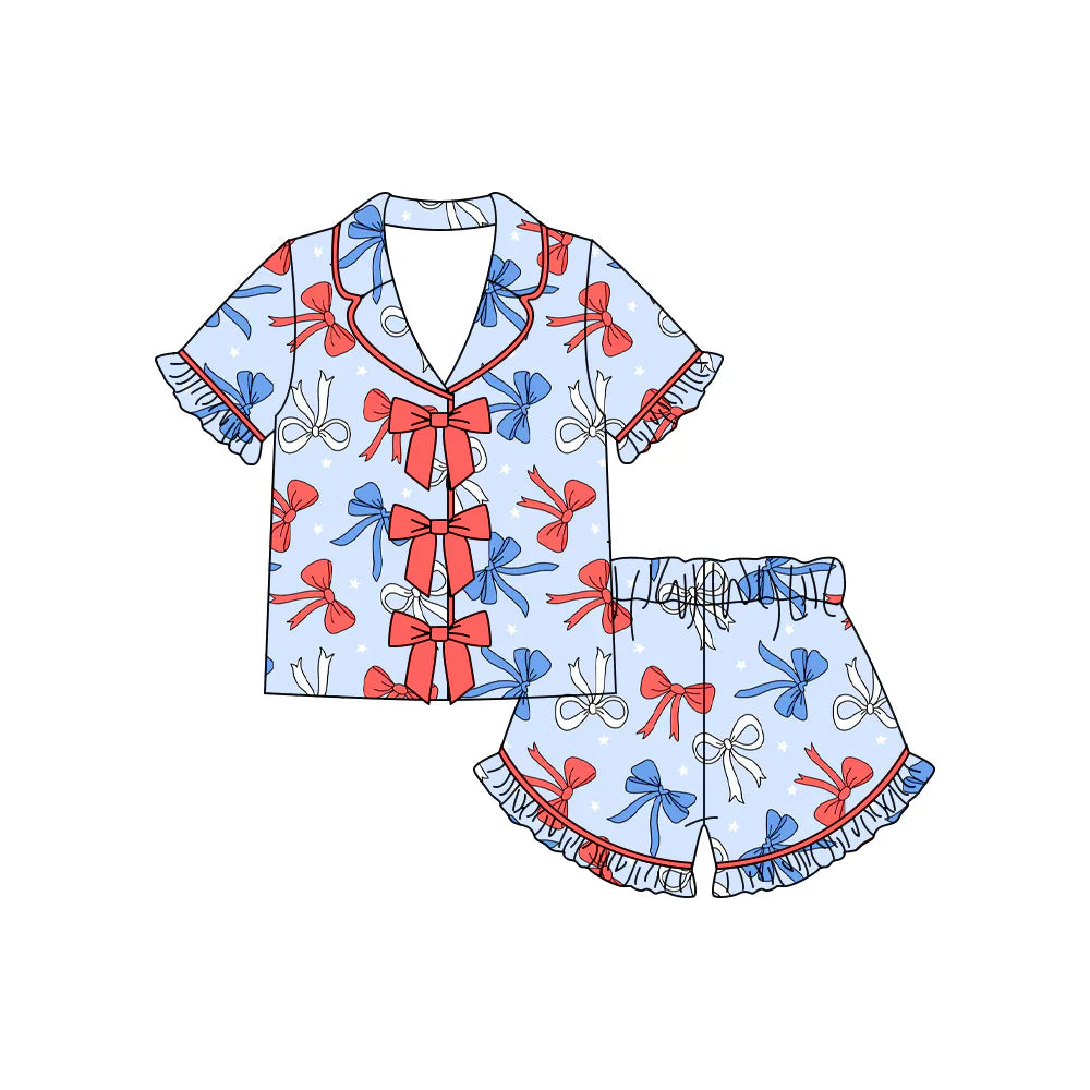 ( Moq 5 ) Preorder Baby Girls Kids Red Blue Bows Buttons Shirt Ruffle Shorts 4th of July Pajamas Set