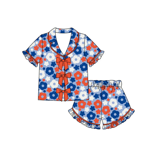 ( Moq 5 ) Preorder Baby Girls Kids Red Blue Flower Bows Buttons Shirt Ruffle Shorts 4th of July Pajamas Set