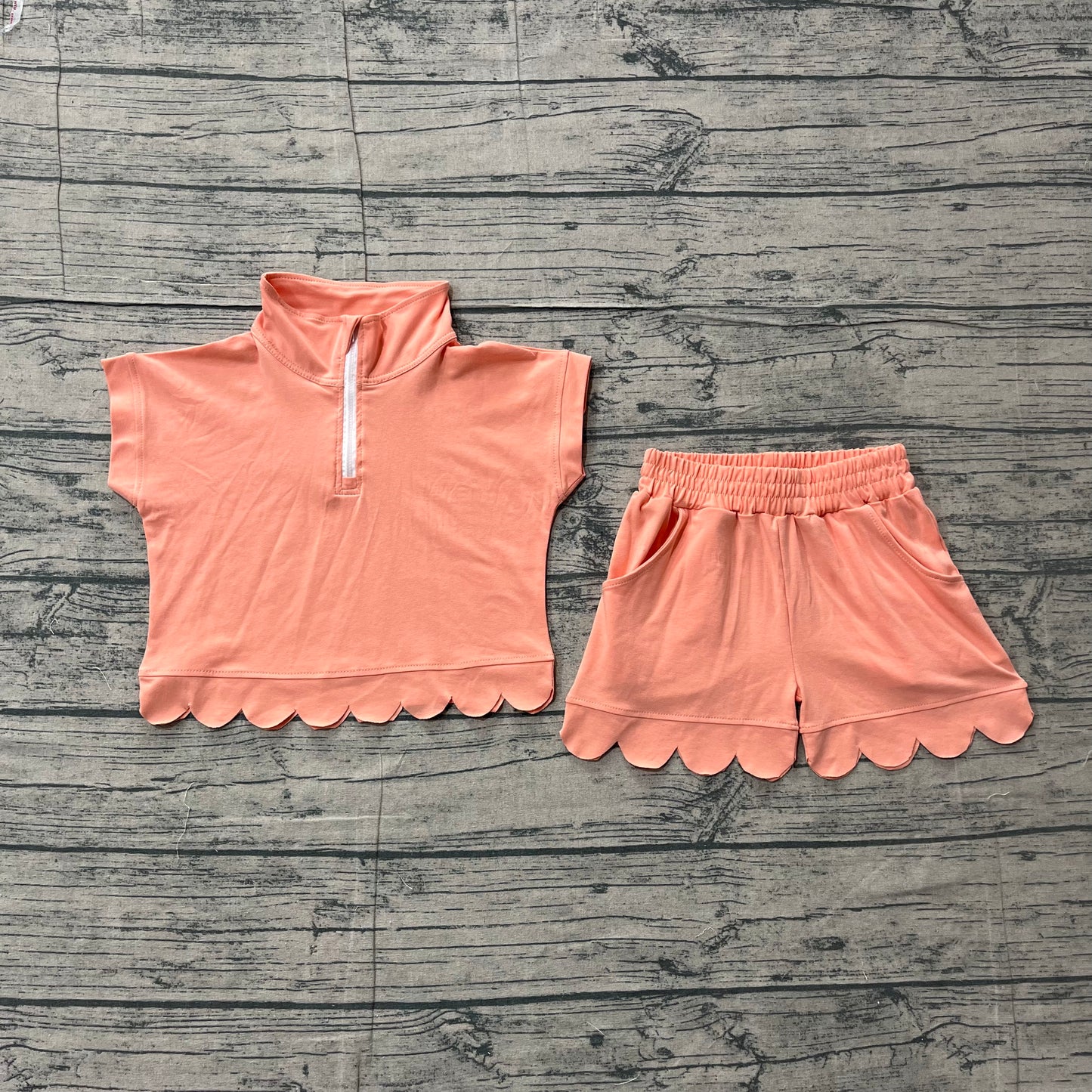 Baby Girls Kids Short Sleeves Zipper Shirt Scallop Shorts Set Cotton Clothes