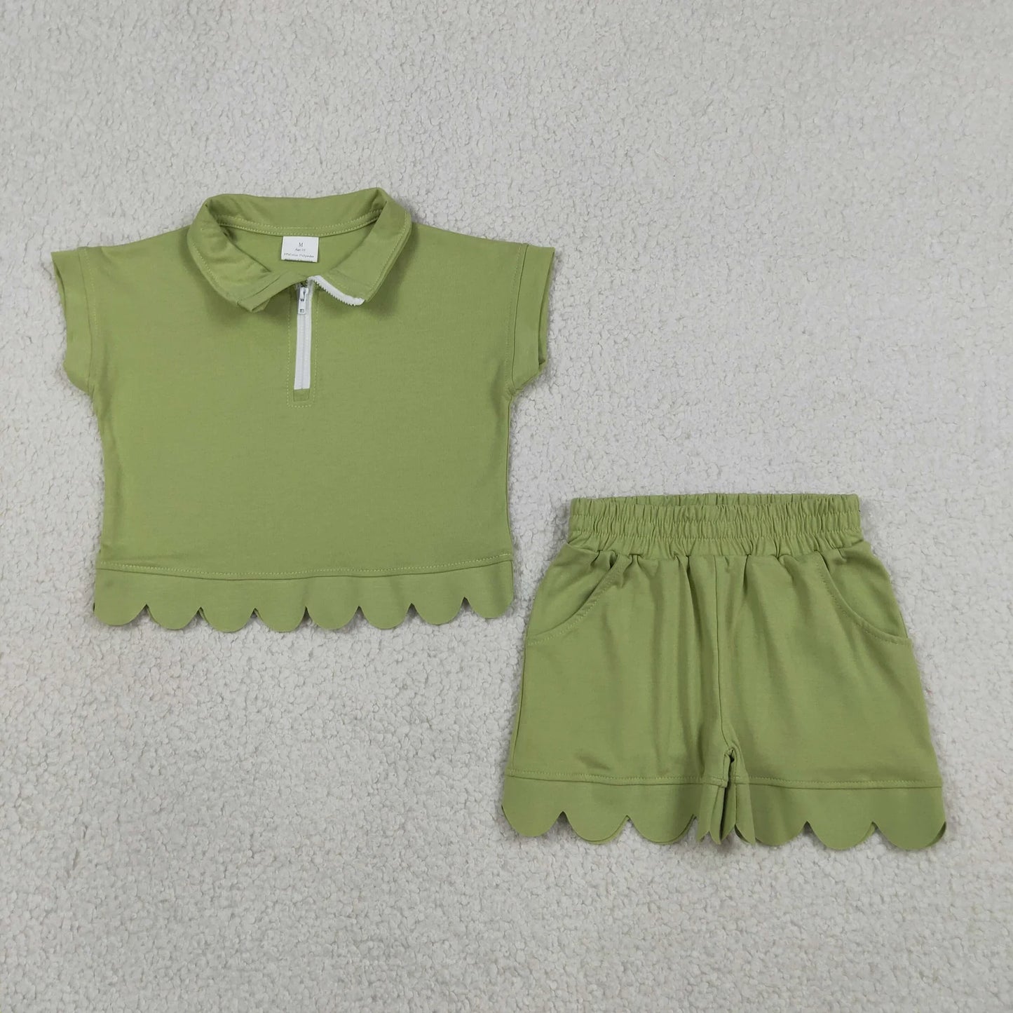 Sibling Baby Girls Kids Short Sleeves Zipper Shirts Scallop Shorts Cotton Sets Clothes RTS