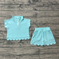 Baby Girls Kids Short Sleeves Zipper Shirt Scallop Shorts Blue Green Set RTS