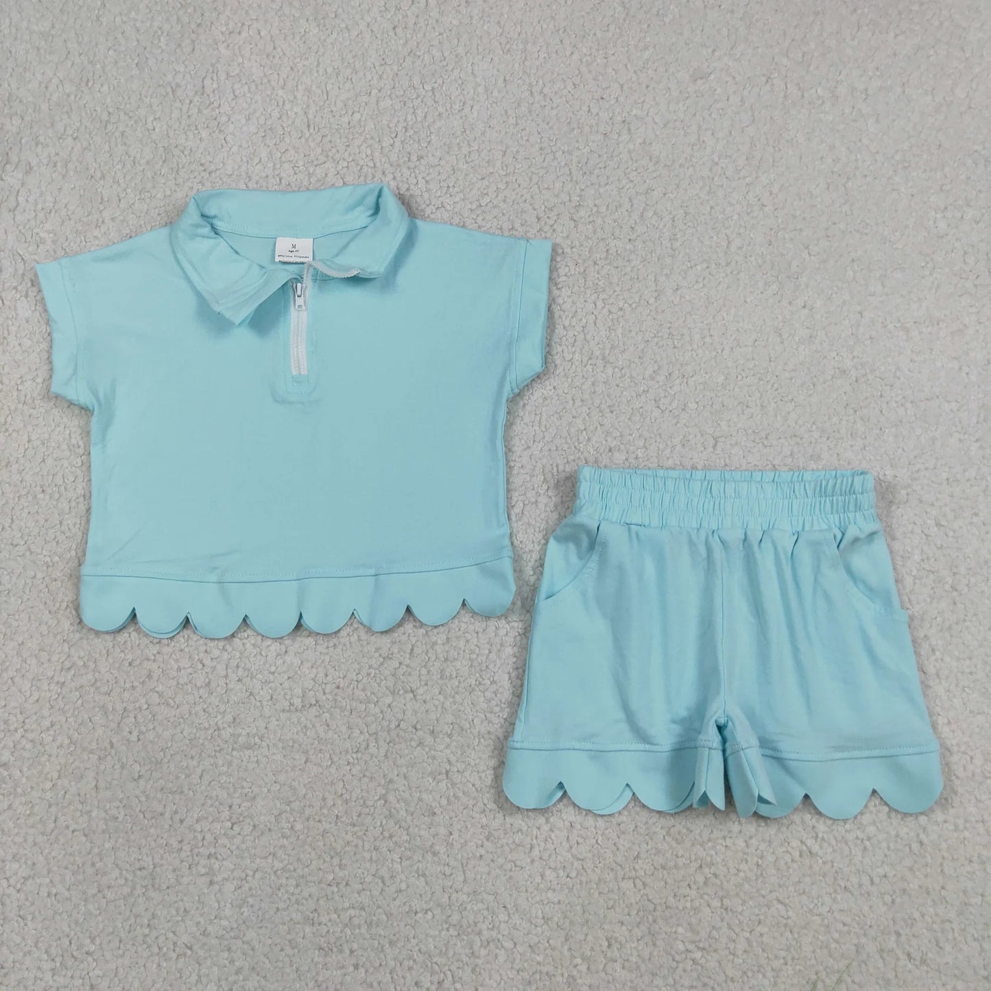 Sibling Baby Girls Kids Short Sleeves Zipper Shirts Scallop Shorts Cotton Sets Clothes RTS