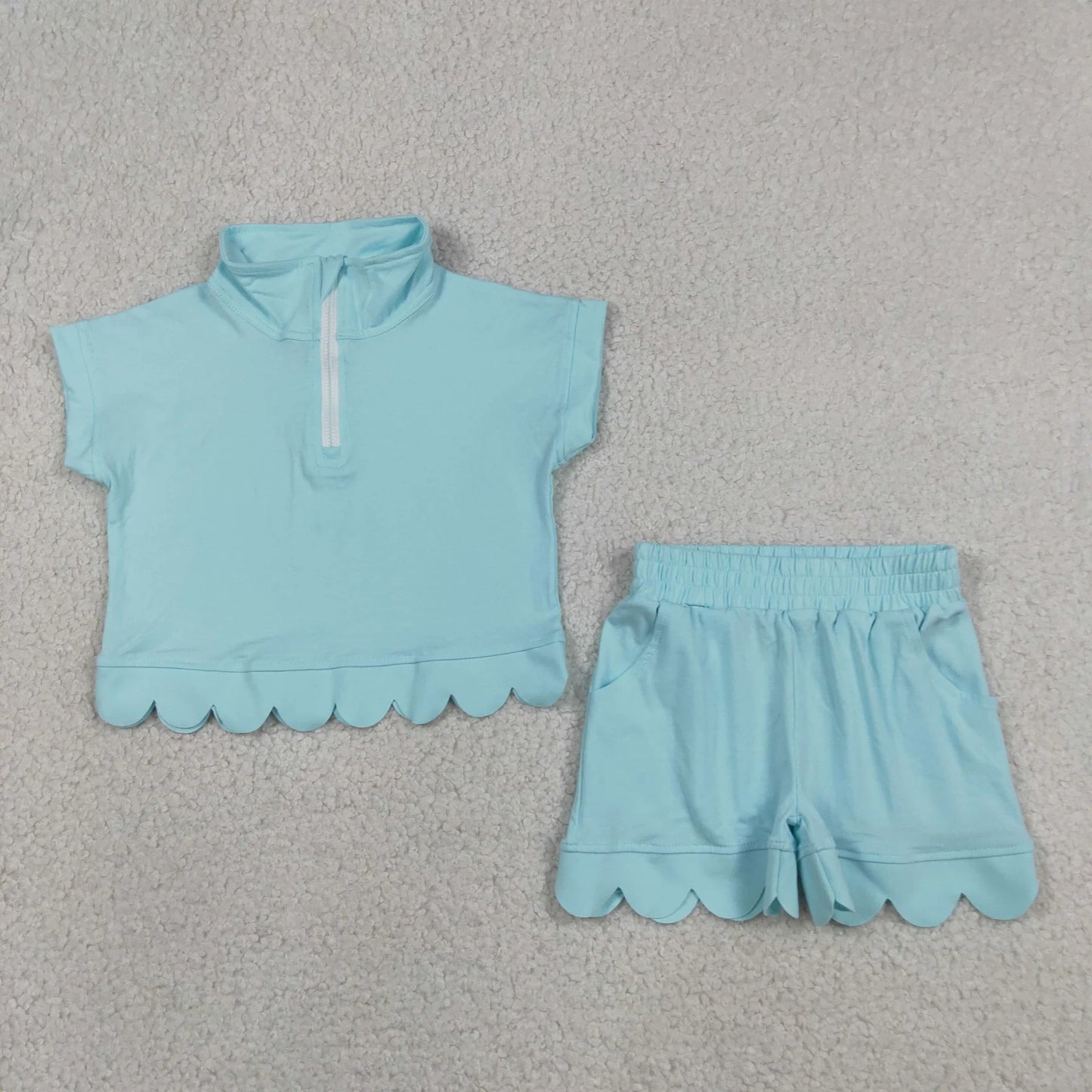 Sibling Baby Girls Kids Short Sleeves Zipper Shirts Scallop Shorts Cotton Sets Clothes RTS