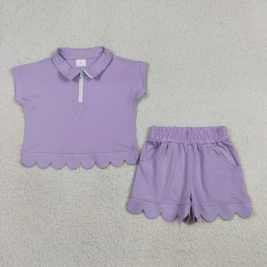 Sibling Baby Girls Kids Short Sleeves Zipper Shirts Scallop Shorts Cotton Sets Clothes RTS