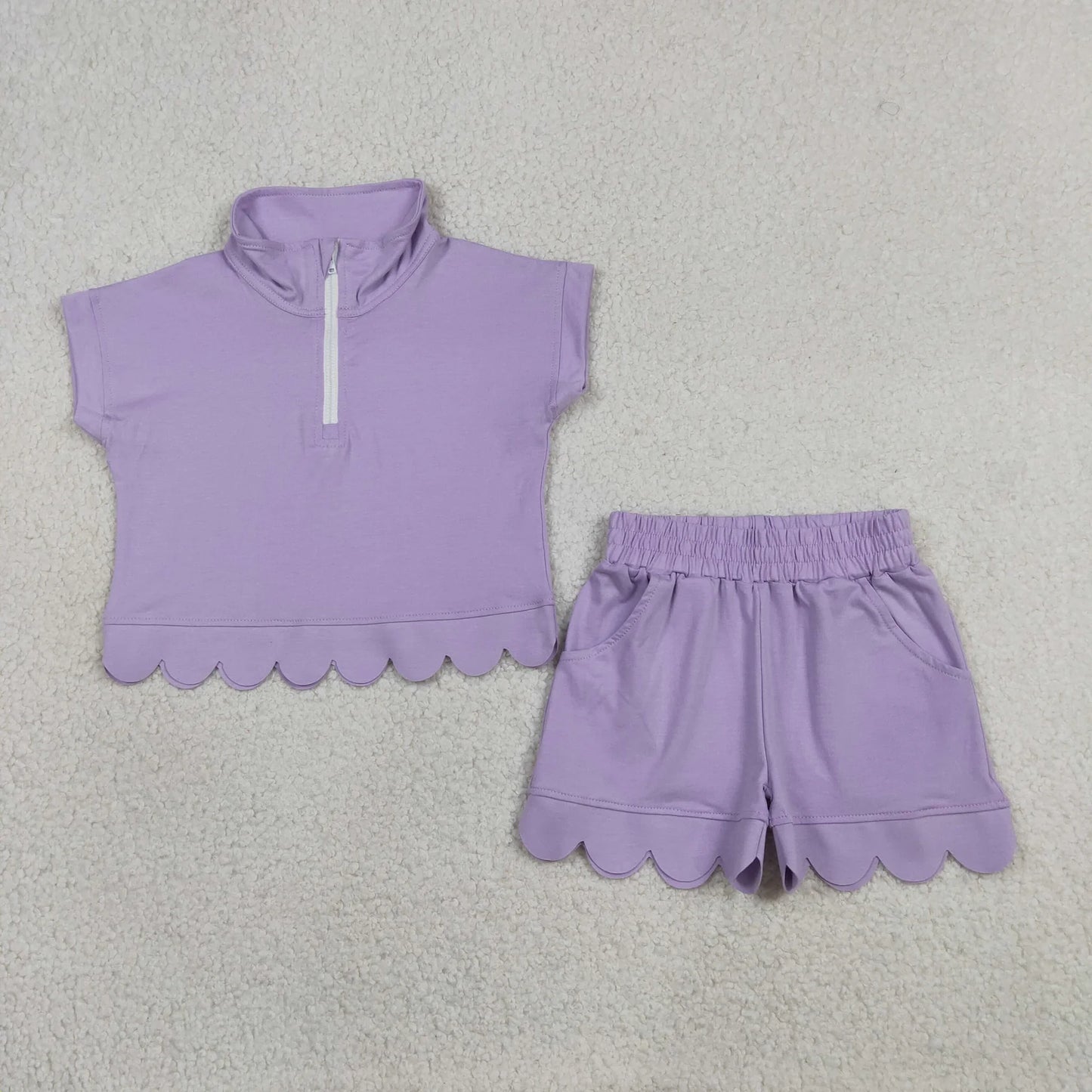 Sibling Baby Girls Kids Short Sleeves Zipper Shirts Scallop Shorts Cotton Sets Clothes RTS