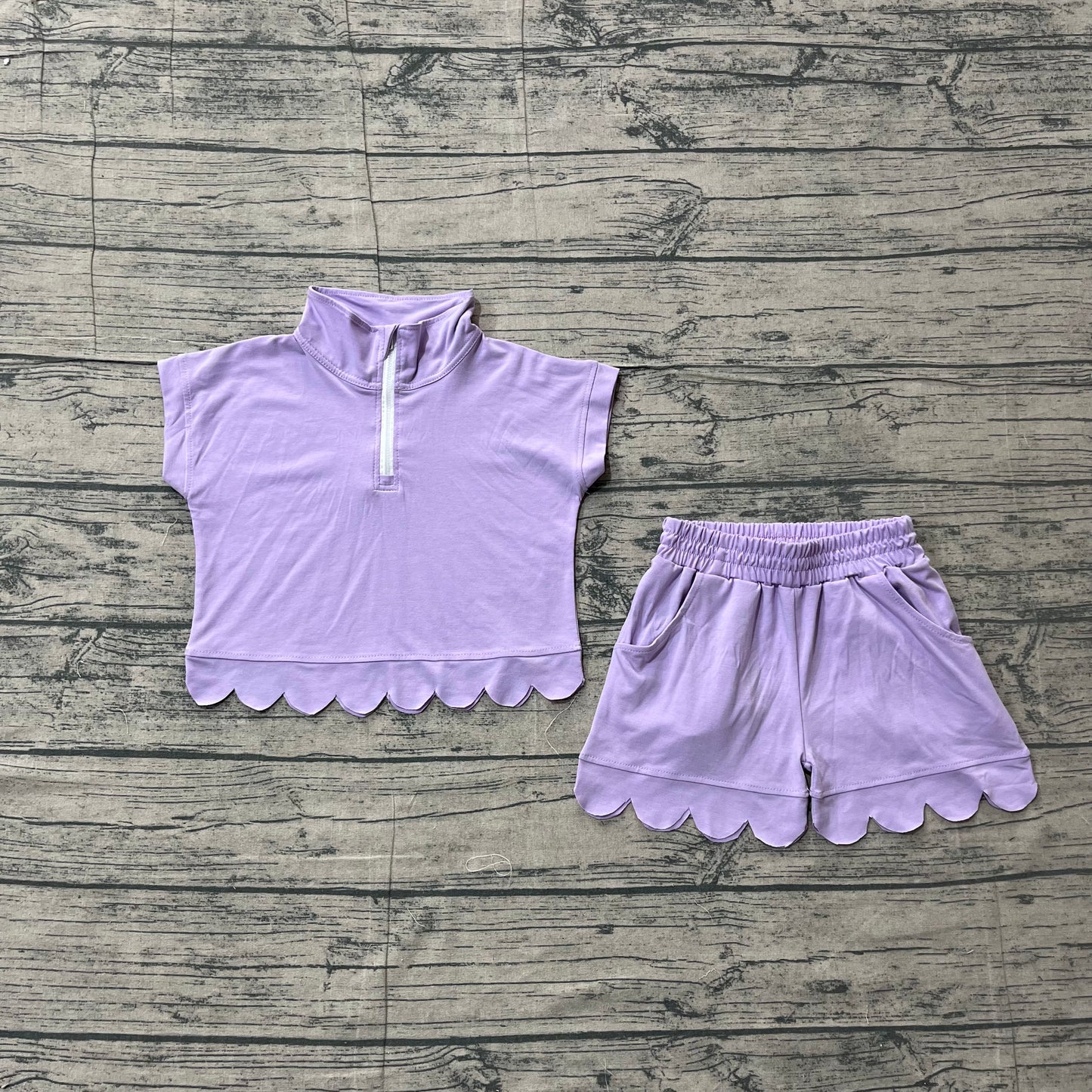 ( No moq ) Preorder Baby Girls Kids Short Sleeves Zipper Shirt Scallop Shorts Cotton Purple Set