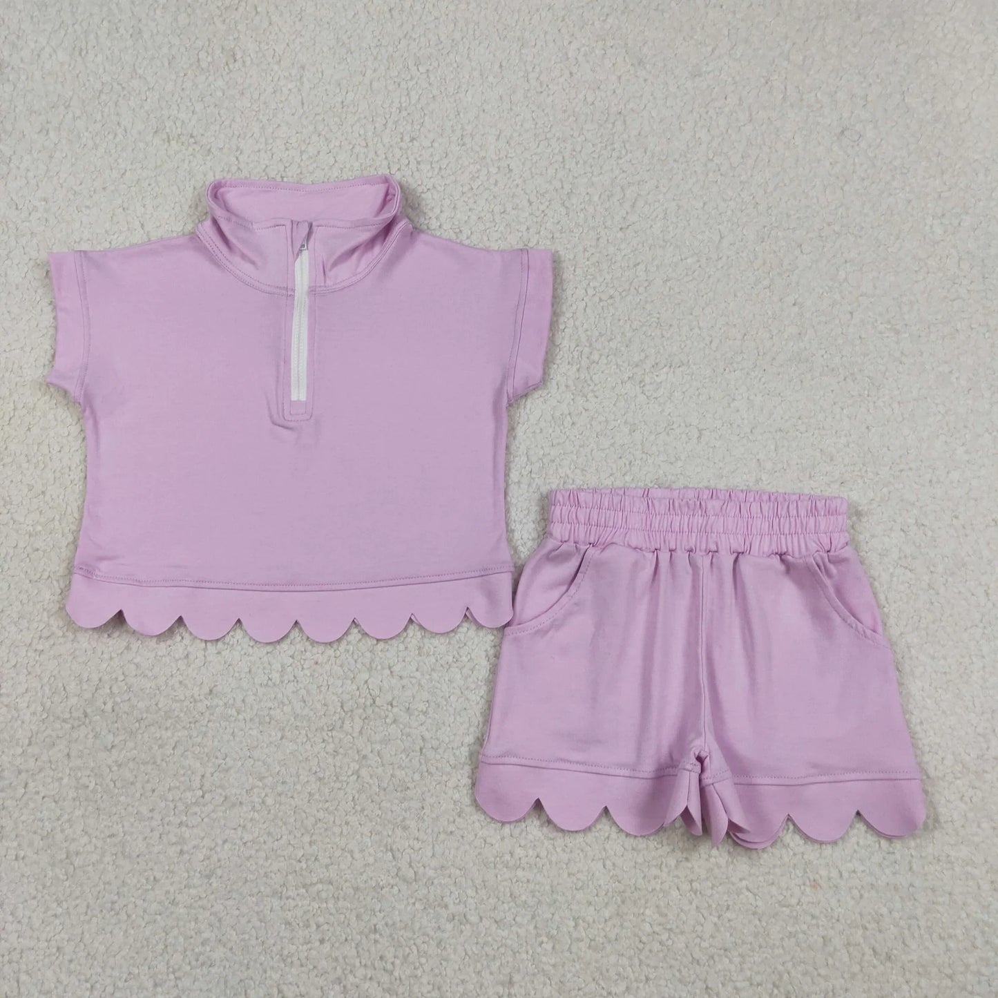 Sibling Baby Girls Kids Short Sleeves Zipper Shirts Scallop Shorts Cotton Sets Clothes RTS