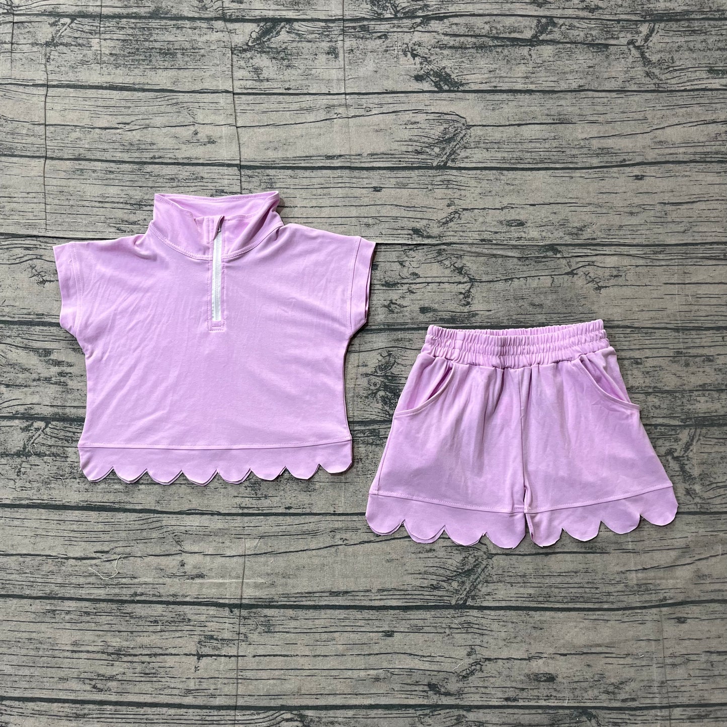 Baby Girls Kids Short Sleeves Zipper Shirt Scallop Shorts Set RTS