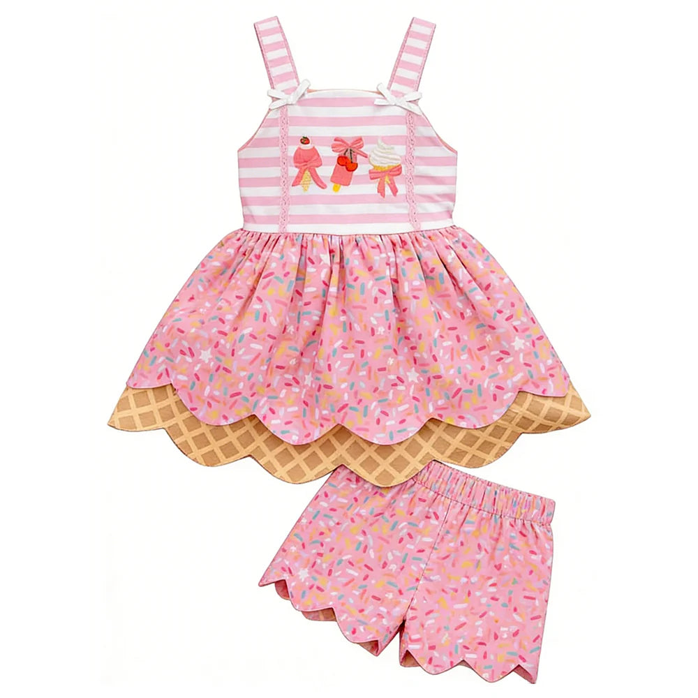 ( Moq 5 ) Preorder Baby Girls Kids Straps Popsicle Bows Sprinkles Tunic Shorts Summer Set