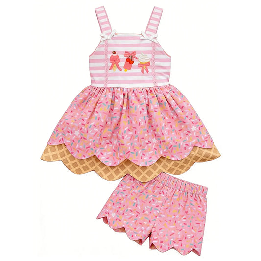 ( Moq 5 ) Preorder Baby Girls Kids Straps Popsicle Bows Sprinkles Tunic Shorts Summer Set