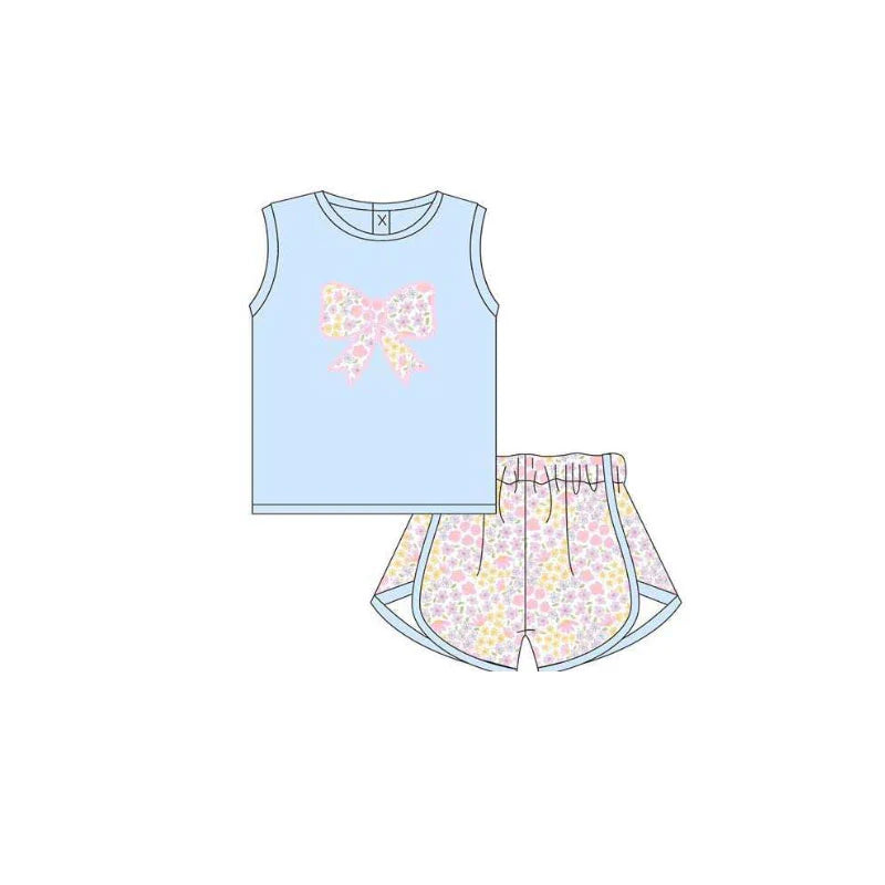( Moq 5 ) Preorder Baby Girls Kids Sleeveless Bows Tops Flower Shorts Summer Set Clothes