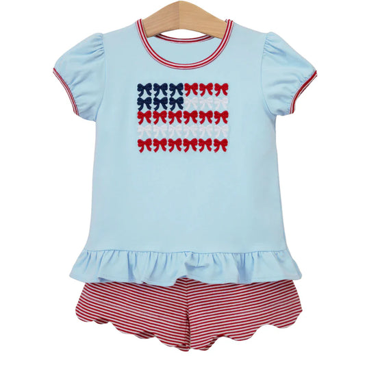 ( Moq 5 ) Preorder Baby Girls Kids Straps Bows Shirts Red Stripes Shorts 4th of July Set