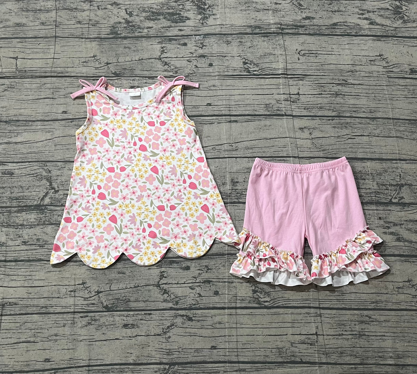 Baby Girls Kids Pink Bows Floral Scallop Tops Ruffle Shorts Summer Set RTS