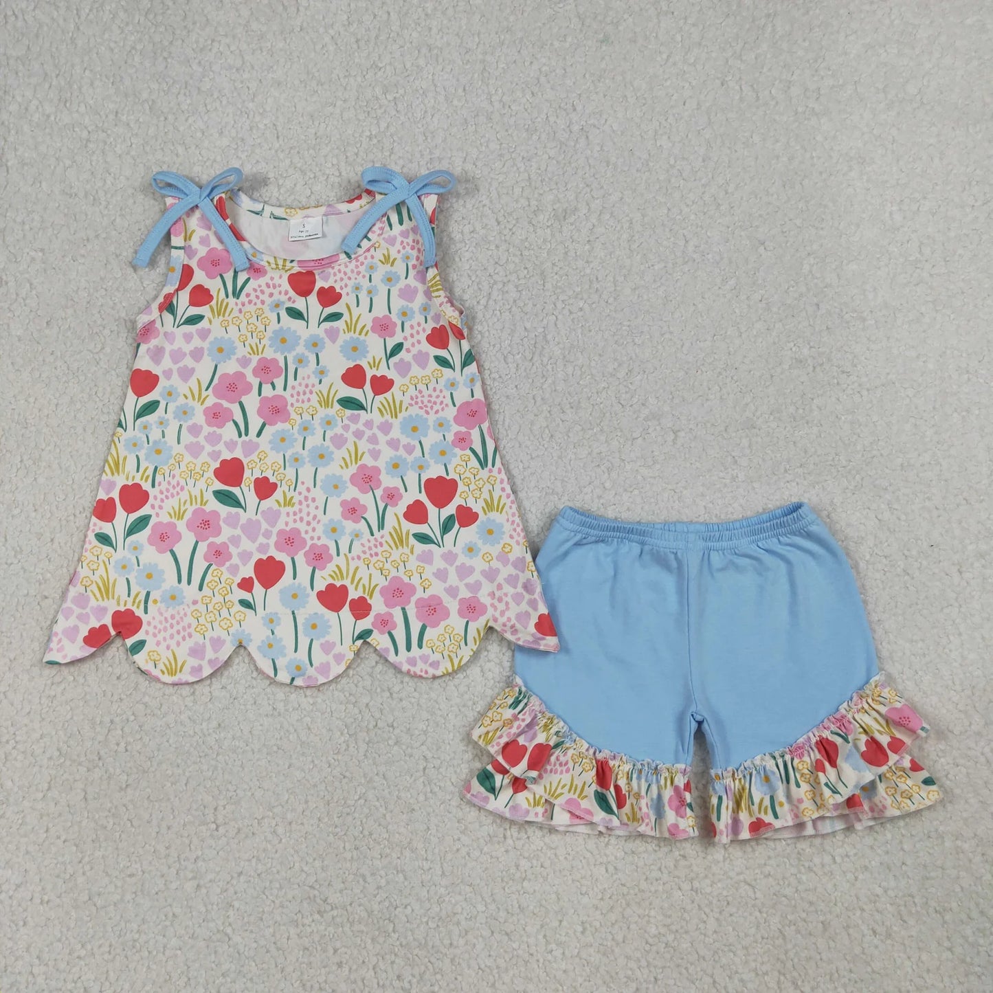 Sibling Baby Girls Kids Bows Sleeveless Flower Scallop Tops Ruffle Shorts Sets Clothes RTS