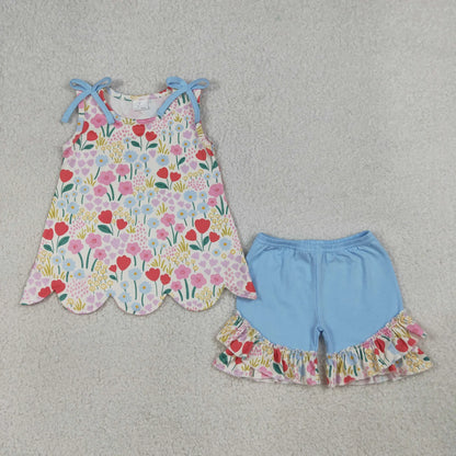 Sibling Baby Girls Kids Bows Sleeveless Flower Scallop Tops Ruffle Shorts Sets Clothes RTS