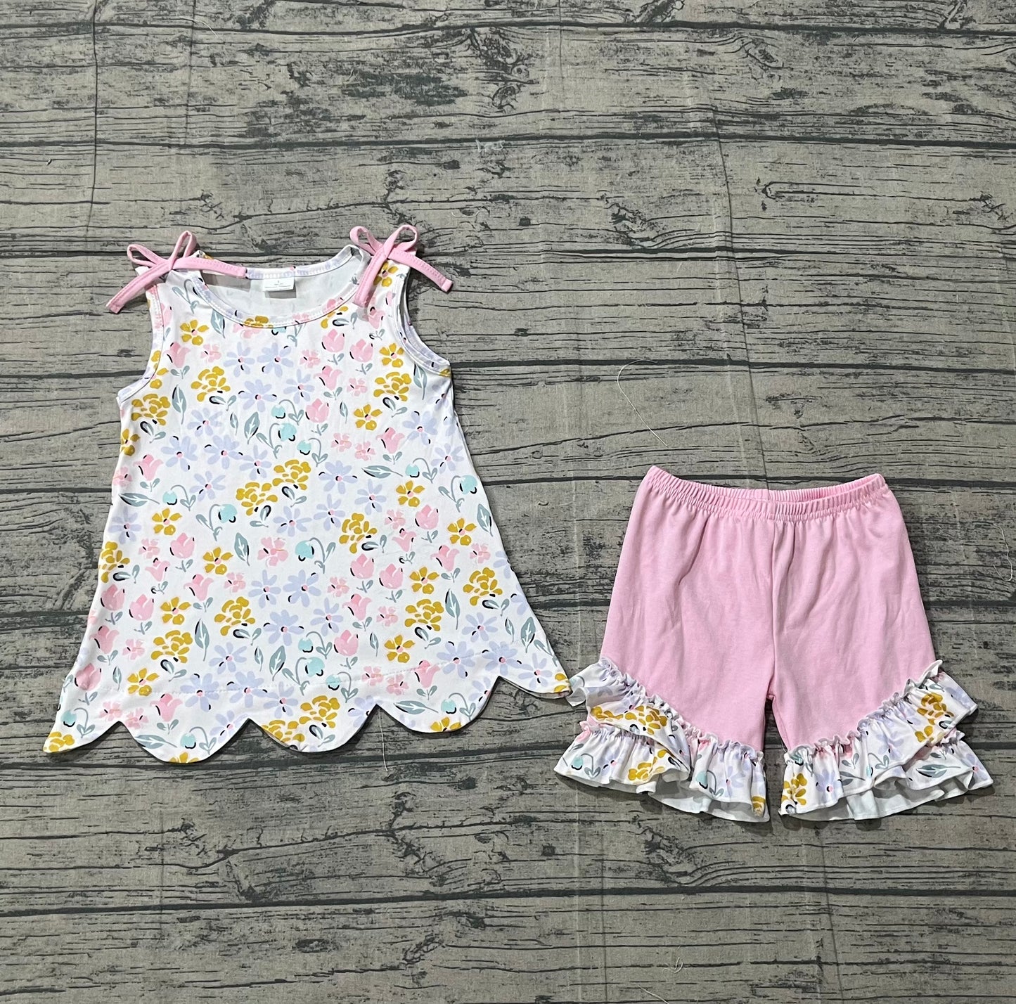 Baby Girls Kids Sleeveless Flower Scallop Tops Pink Ruffle Shorts Summer Set RTS