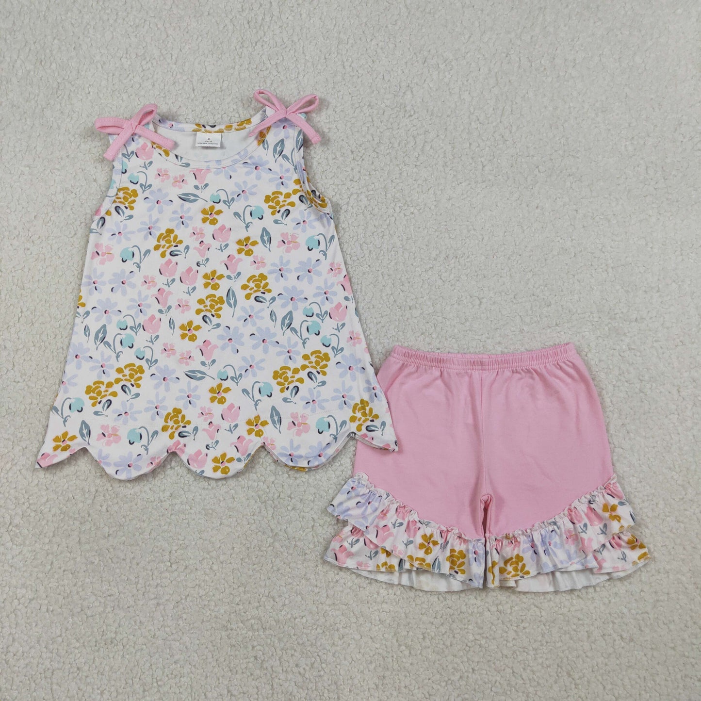 Sibling Baby Girls Kids Bows Sleeveless Flower Scallop Tops Ruffle Shorts Sets Clothes RTS