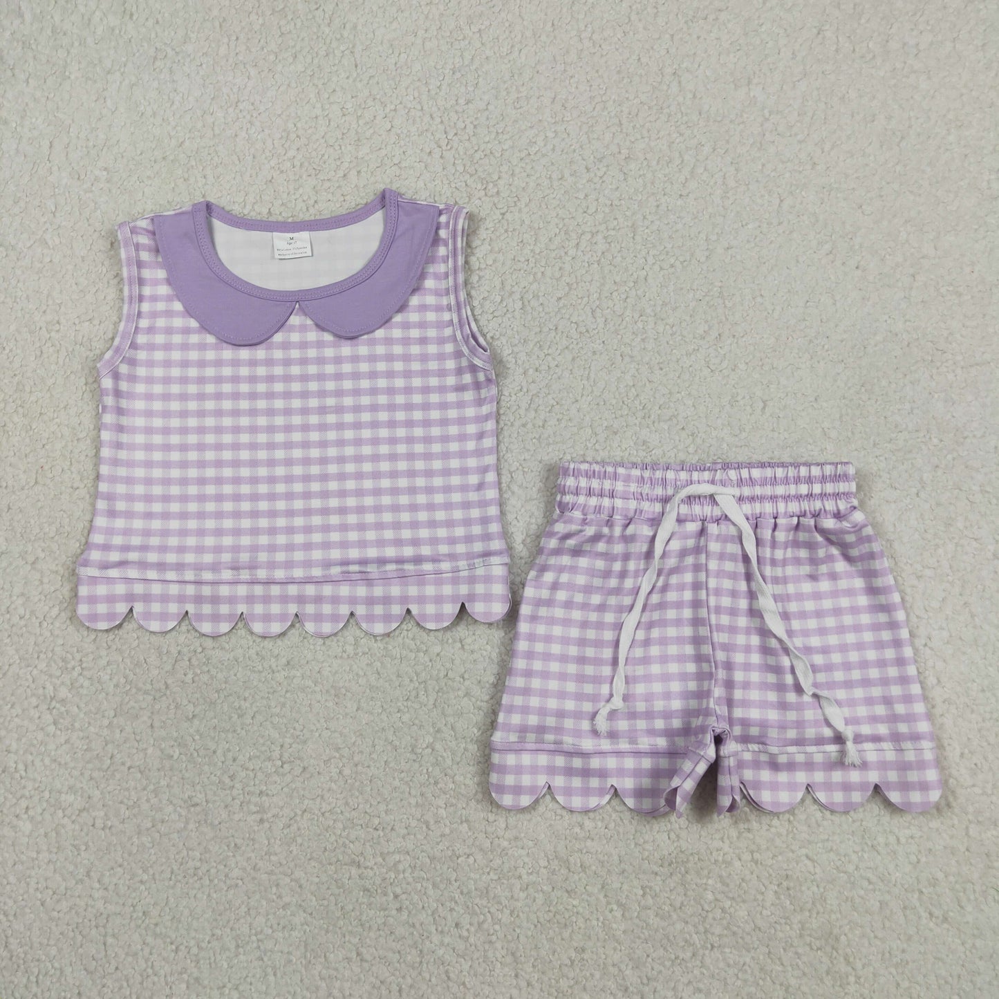Sibling Baby Girls Kids Sleeveless Scallop Shirts Pockets Shorts Plaid Sets Clothes RTS
