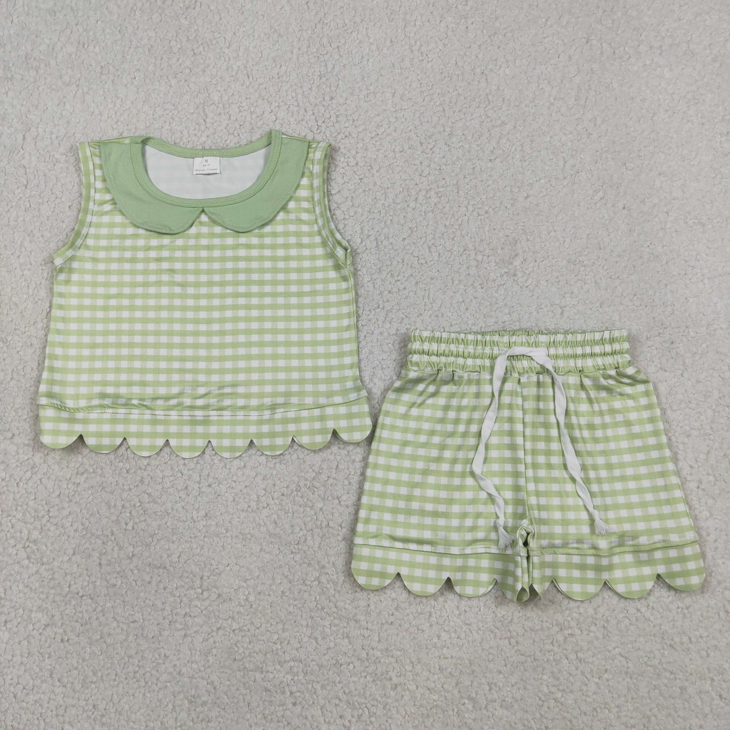 Sibling Baby Girls Kids Sleeveless Scallop Shirts Pockets Shorts Plaid Sets Clothes RTS