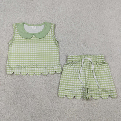 Sibling Baby Girls Kids Sleeveless Scallop Shirts Pockets Shorts Plaid Sets Clothes RTS