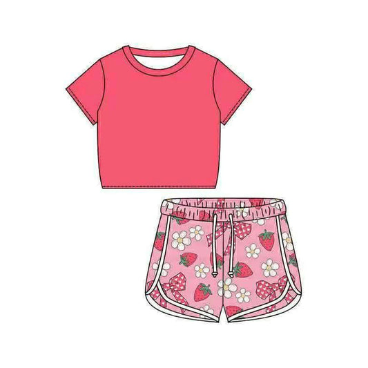 ( Moq 5 ) Preorder Baby Girls Kids Short Sleeves Shirt Strawberry Flower Bows Shorts Set